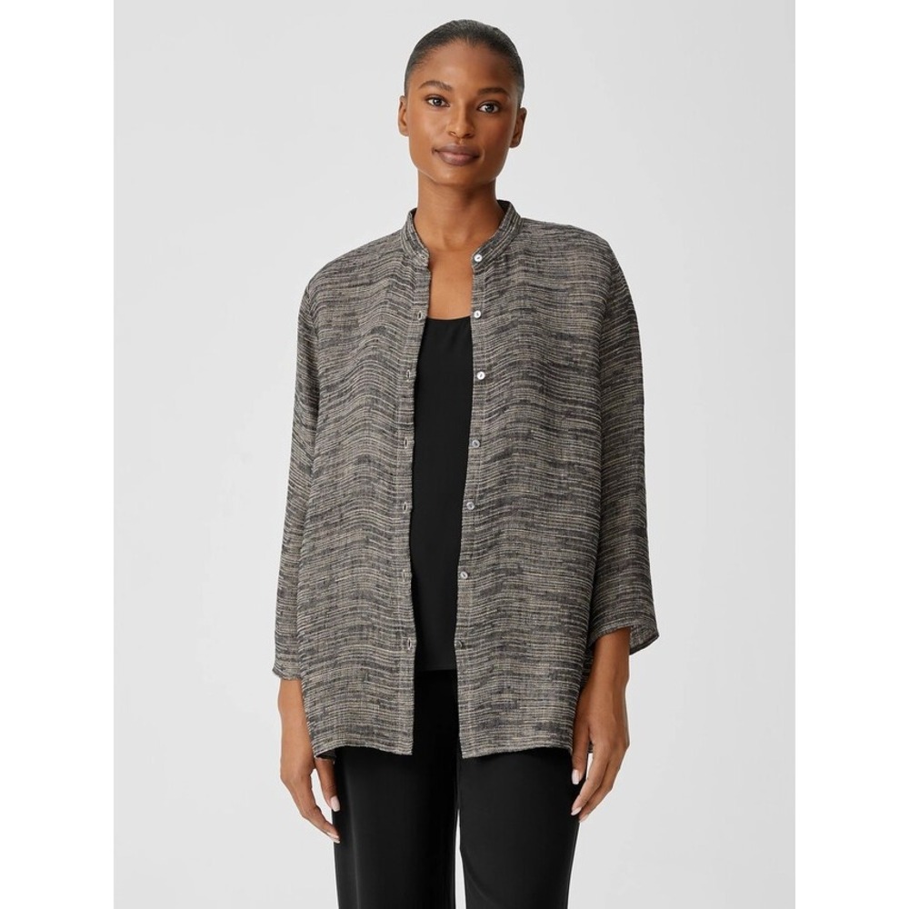 EILEEN FISHER | Linen Gauze Shirt Women M Grey Strata Mandarin Collar Top Blouse
